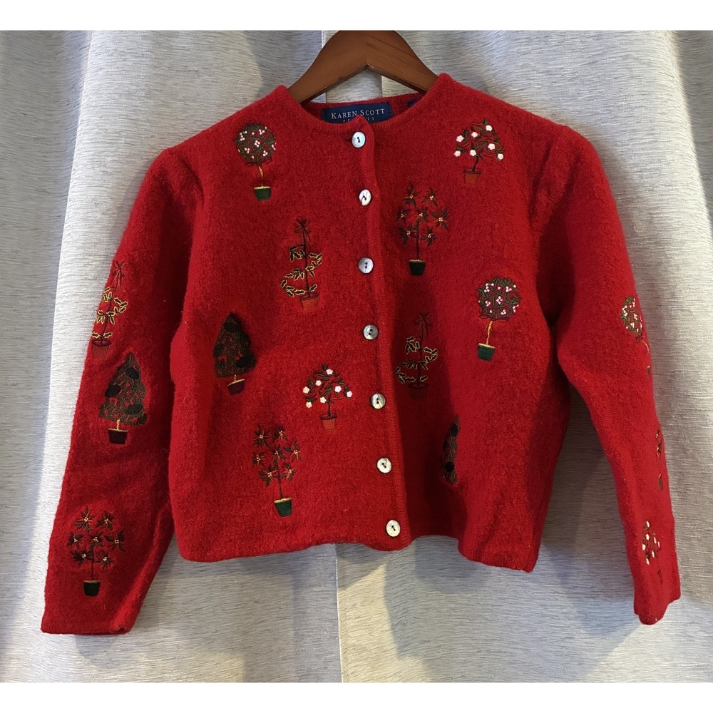 Vintage‎ Karen Scott Christmas Sweater 100% Wool Embroidery Poinsettia PL